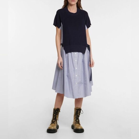 NWOT SACAI Hybrid Shirt Dress Navy Stripe 100% Cotton Knit Overlay Size 1/XS - Picture 10 of 14